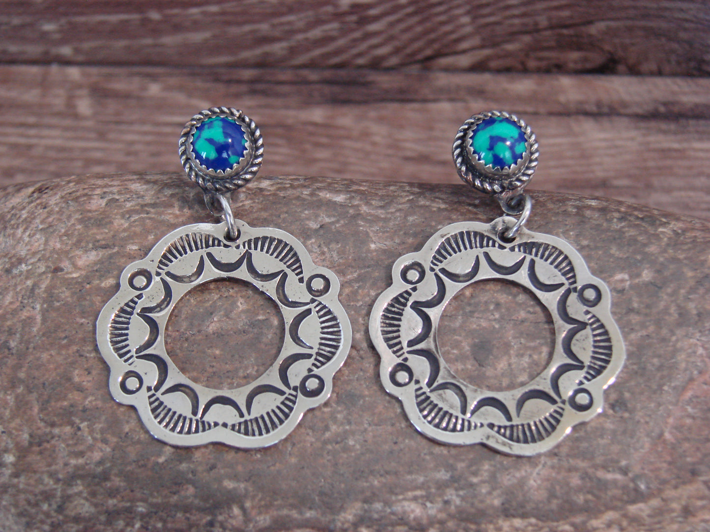 Native American  Nickel Silver & Azurite Dangle Post Earrings - Cleveland