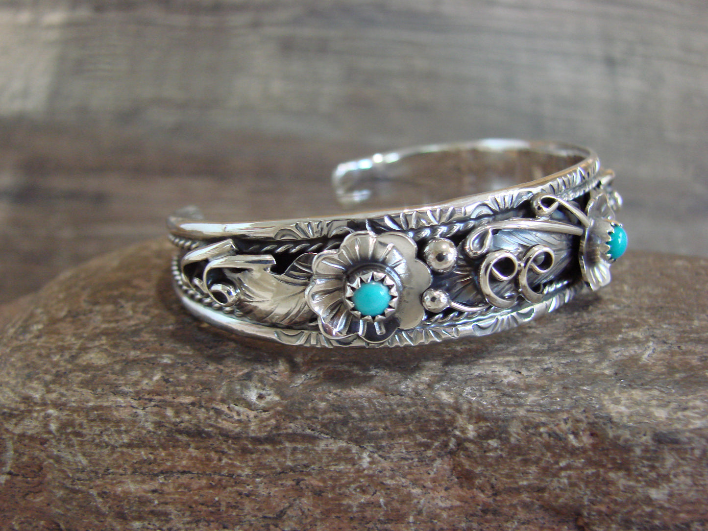 Native American Sterling Silver Floral Turquoise Bracelet by Joe