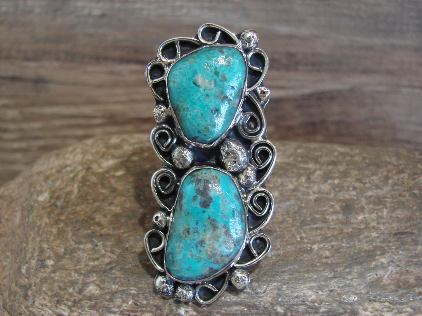 Native American Nickel Silver & Turquoise Ring by Cleveland - Size 9