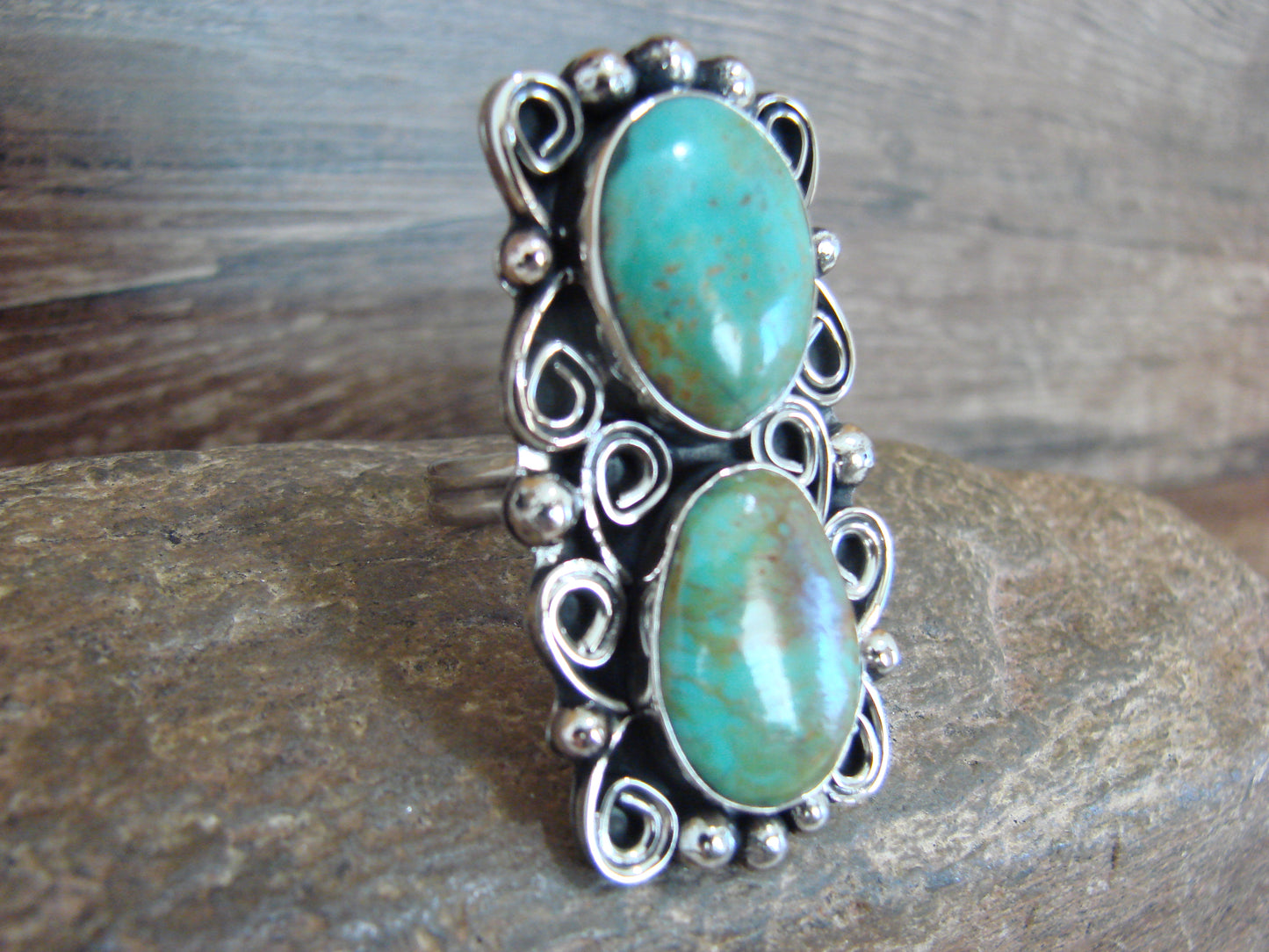 Native American Nickel Silver & Turquoise Adjustable Ring by Cleveland - Size 8 - 10