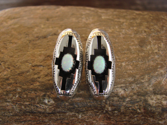 Native American Sterling Silver Shadowbox White Opal Post Earrings - Perry