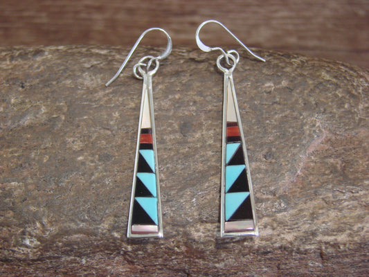 Native American Zuni Indian Sterling Silver Multi Stone Inlay Dangle Earrings - Qualo