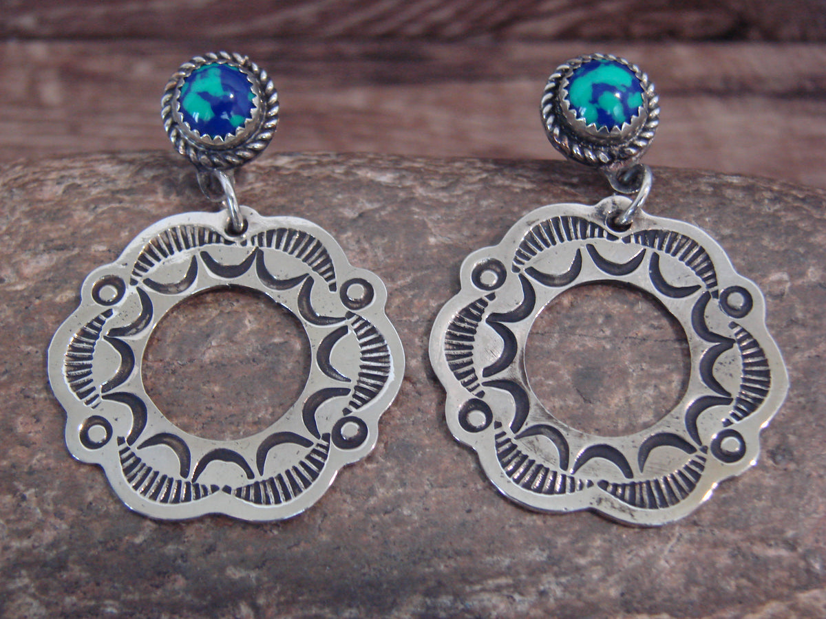 Native American  Nickel Silver & Azurite Dangle Post Earrings - Cleveland