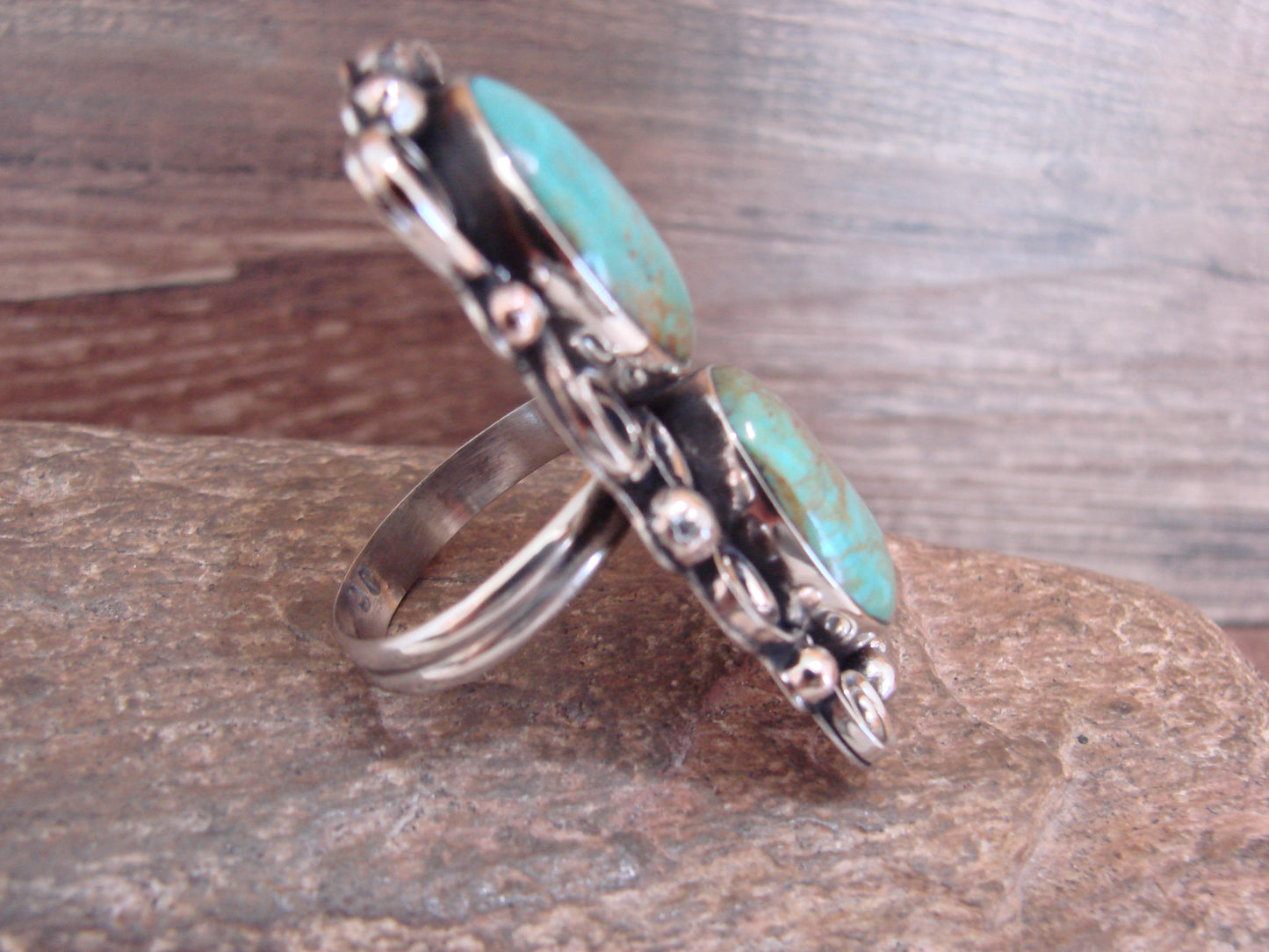 Native American Nickel Silver & Turquoise Adjustable Ring by Cleveland - Size 8 - 10
