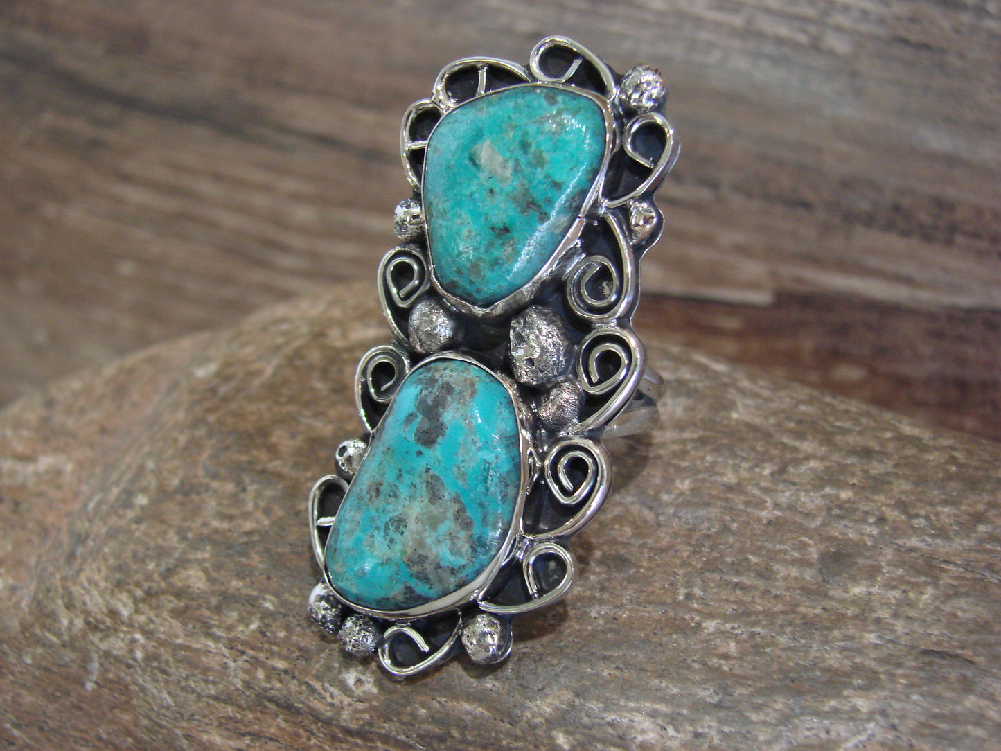 Native American Nickel Silver & Turquoise Ring by Cleveland - Size 9