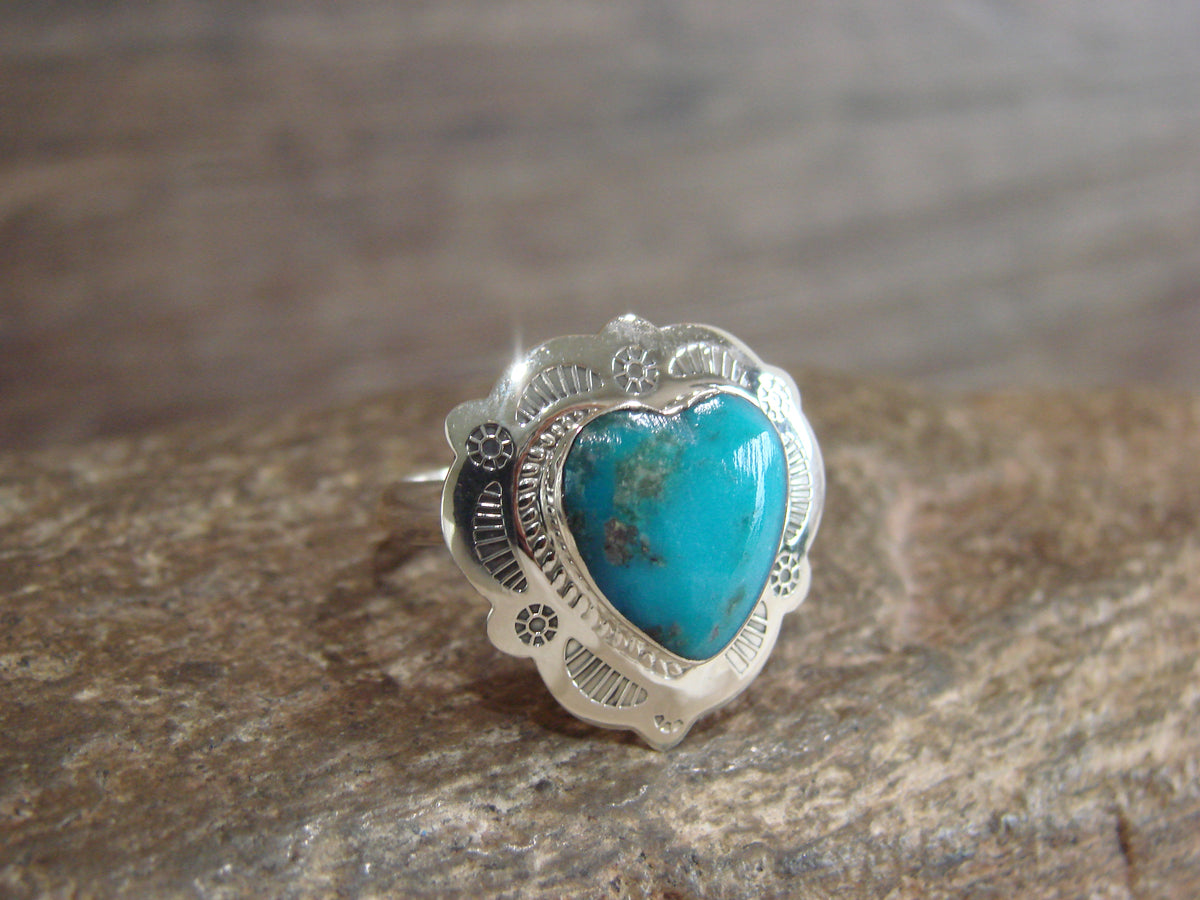 Native American Sterling Silver & Turquoise Heart Ring Size 7 - 8 - Coho