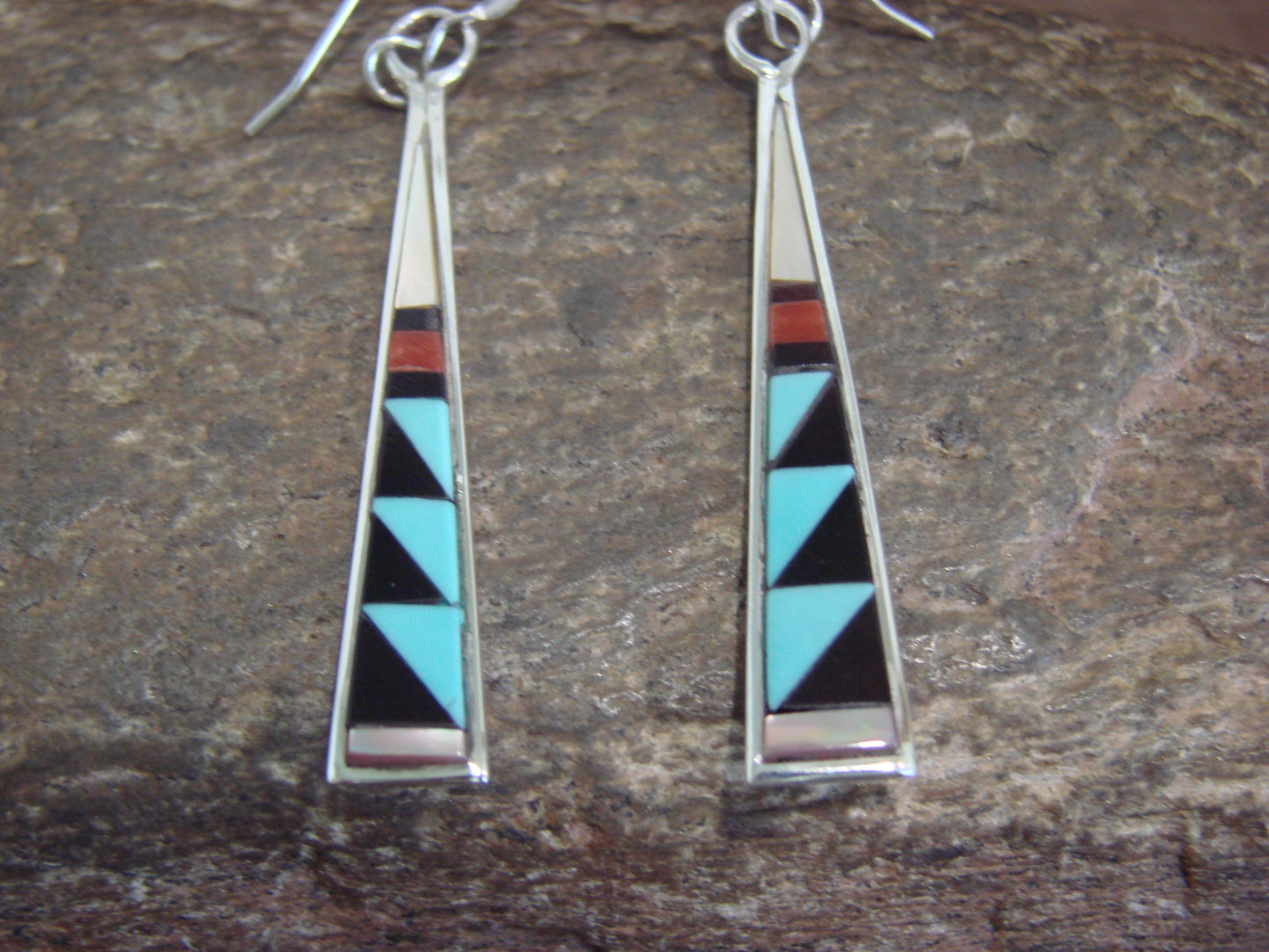 Native American Zuni Indian Sterling Silver Multi Stone Inlay Dangle Earrings - Qualo