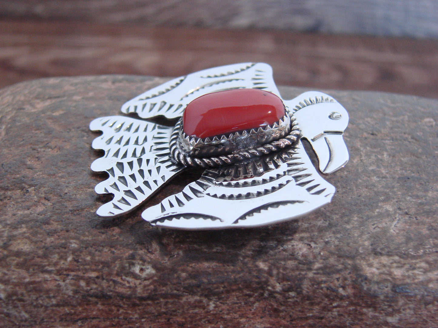 Native American Nickel Silver & Coral Thunderbird Pin - Cleveland