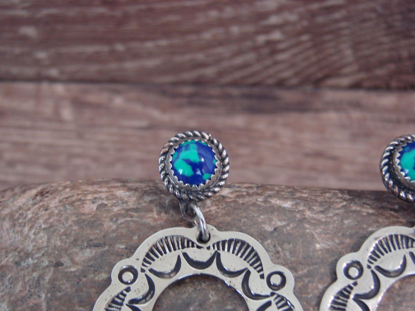 Native American  Nickel Silver & Azurite Dangle Post Earrings - Cleveland