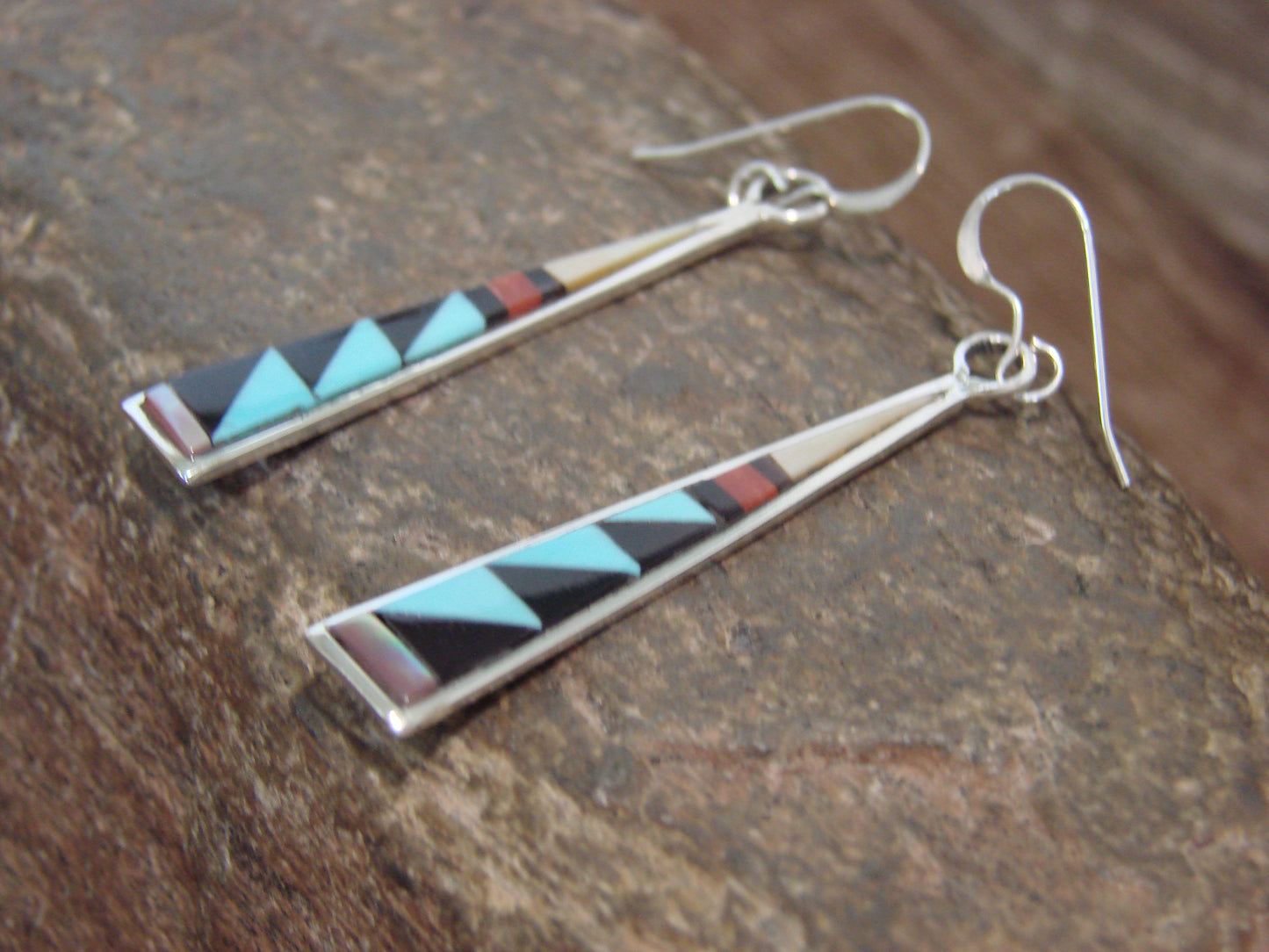Native American Zuni Indian Sterling Silver Multi Stone Inlay Dangle Earrings - Qualo