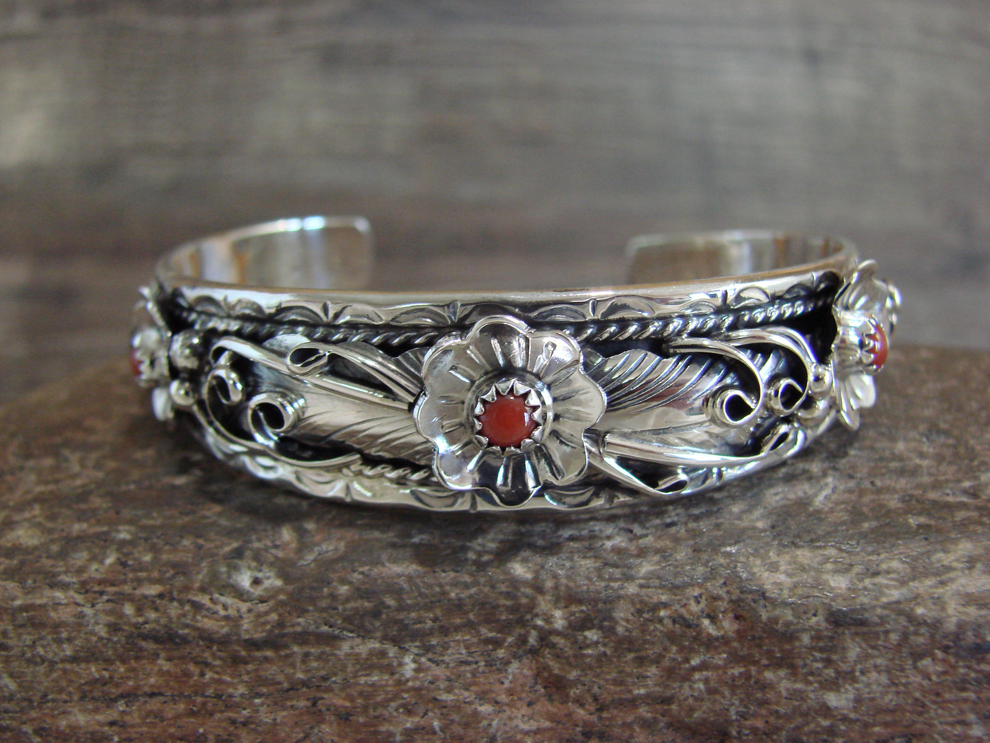 Native American Sterling Silver Floral Coral Bracelet by Joe