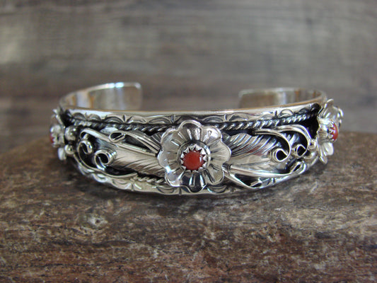 Native American Sterling Silver Floral Coral Bracelet by Joe