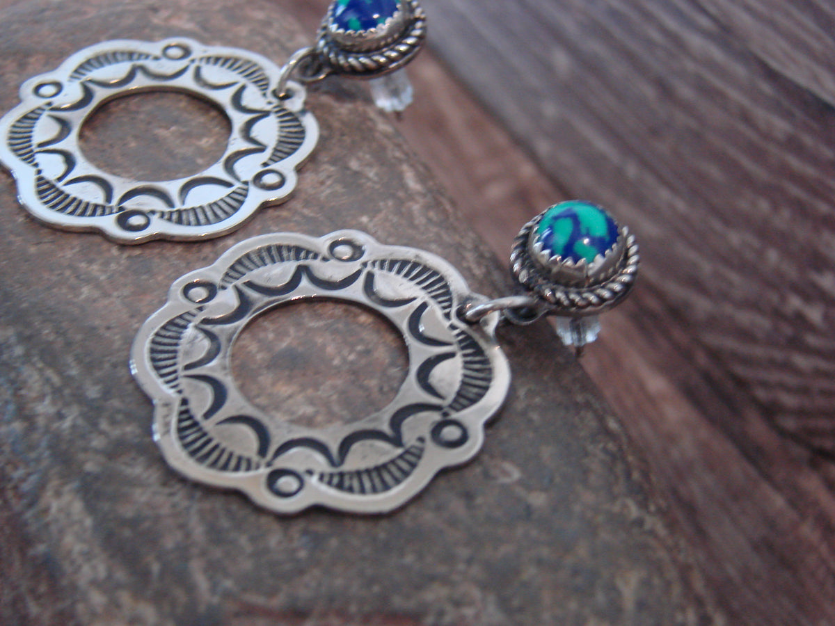 Native American  Nickel Silver & Azurite Dangle Post Earrings - Cleveland