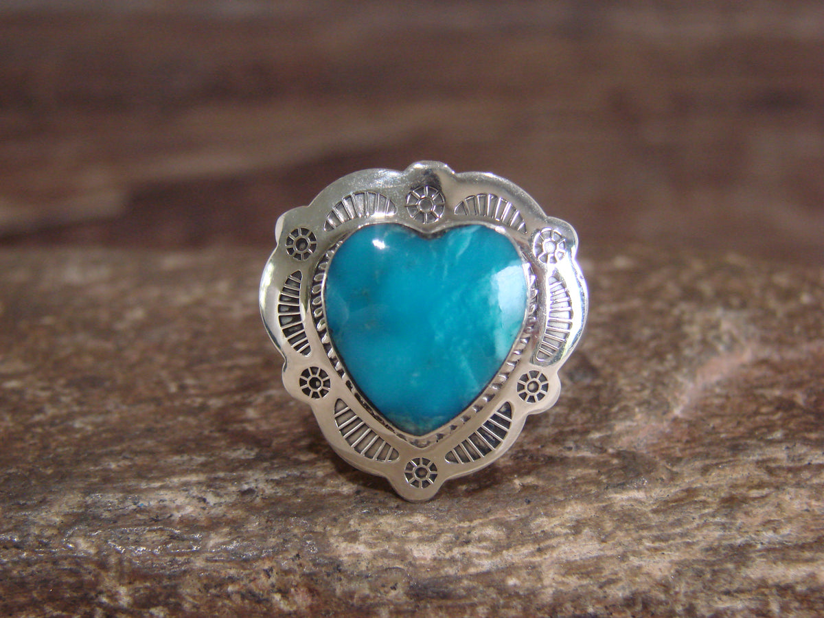 Native American Sterling Silver & Turquoise Heart Ring Size 7 - 8 - Coho