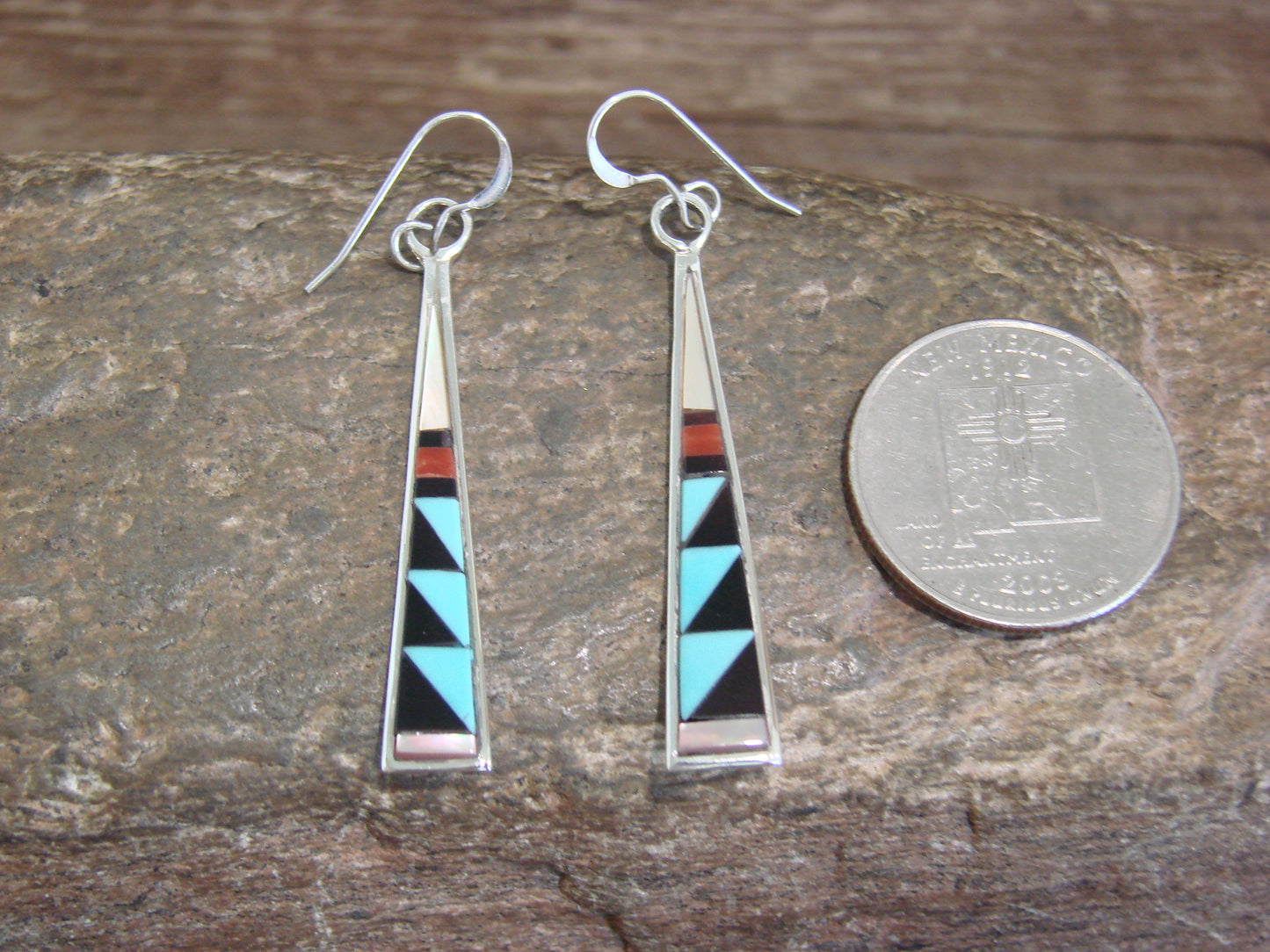 Native American Zuni Indian Sterling Silver Multi Stone Inlay Dangle Earrings - Qualo