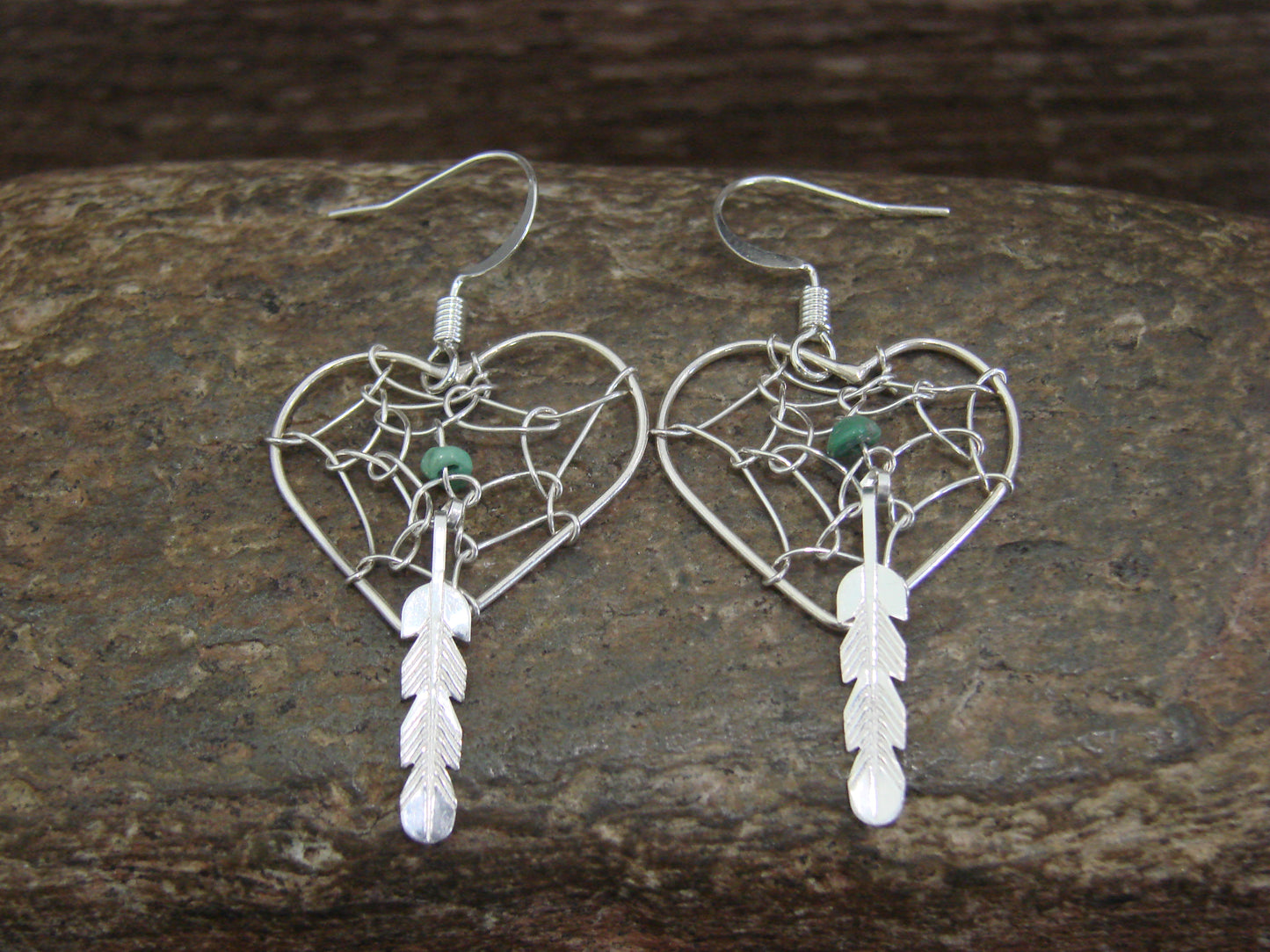 Native American Sterling Silver Heart Dream Catcher Dangle Earrings by Yazzie