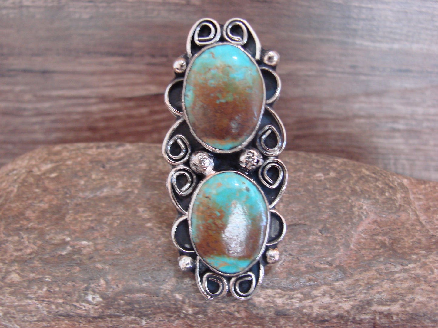 Native American Nickel Silver & Turquoise Adjustable Ring by Cleveland - Size 8 - 10