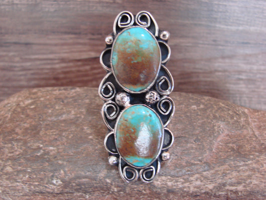 Native American Nickel Silver & Turquoise Adjustable Ring by Cleveland - Size 8 - 10