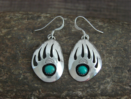 Native American Sterling Silver & Turquoise Bear Paw Dangle Earrings - Begay
