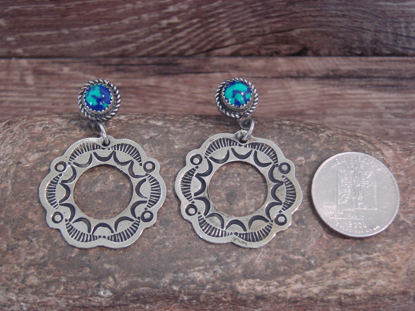 Native American  Nickel Silver & Azurite Dangle Post Earrings - Cleveland