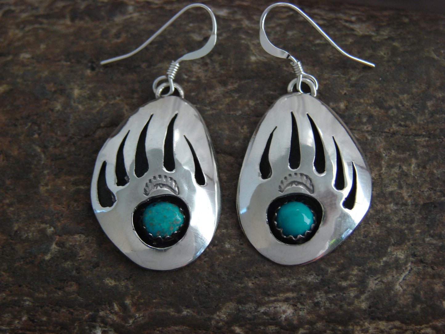Native American Sterling Silver & Turquoise Bear Paw Dangle Earrings - Begay