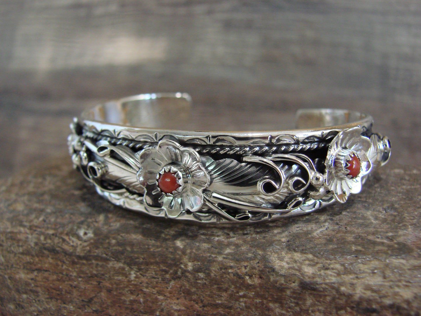 Native American Sterling Silver Floral Coral Bracelet by Joe