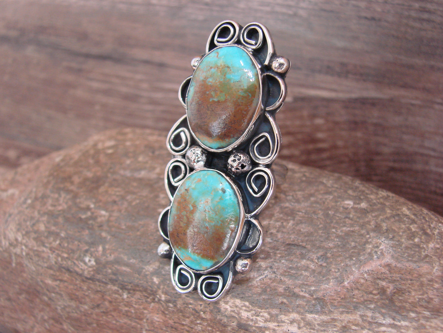 Native American Nickel Silver & Turquoise Adjustable Ring by Cleveland - Size 8 - 10