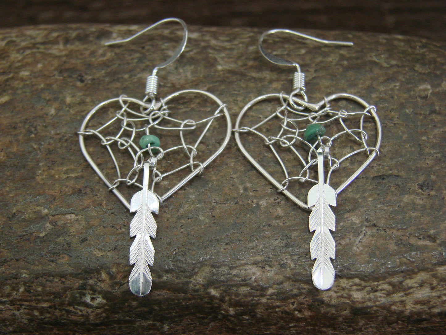 Native American Sterling Silver Heart Dream Catcher Dangle Earrings by Yazzie