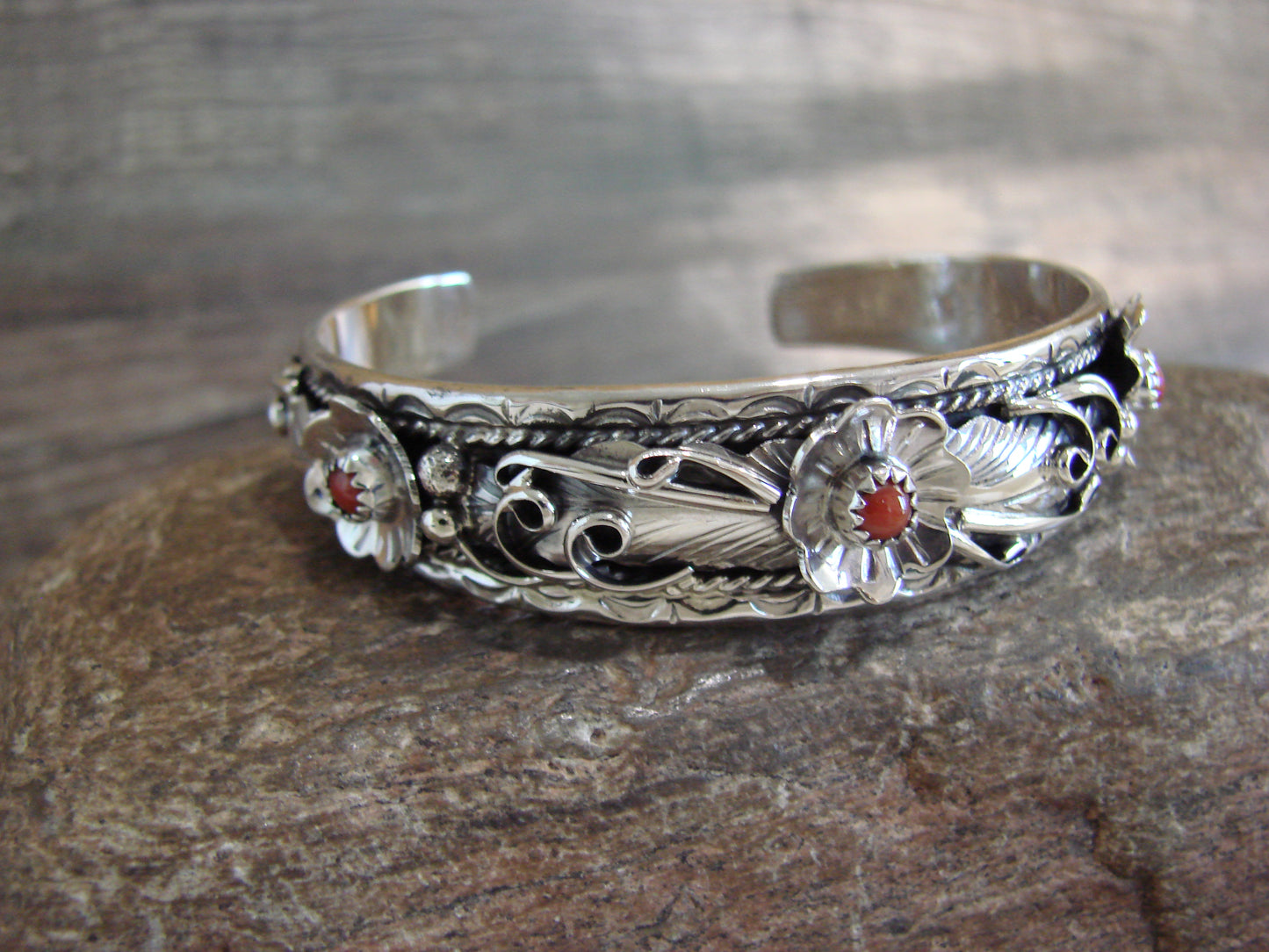 Native American Sterling Silver Floral Coral Bracelet by Joe