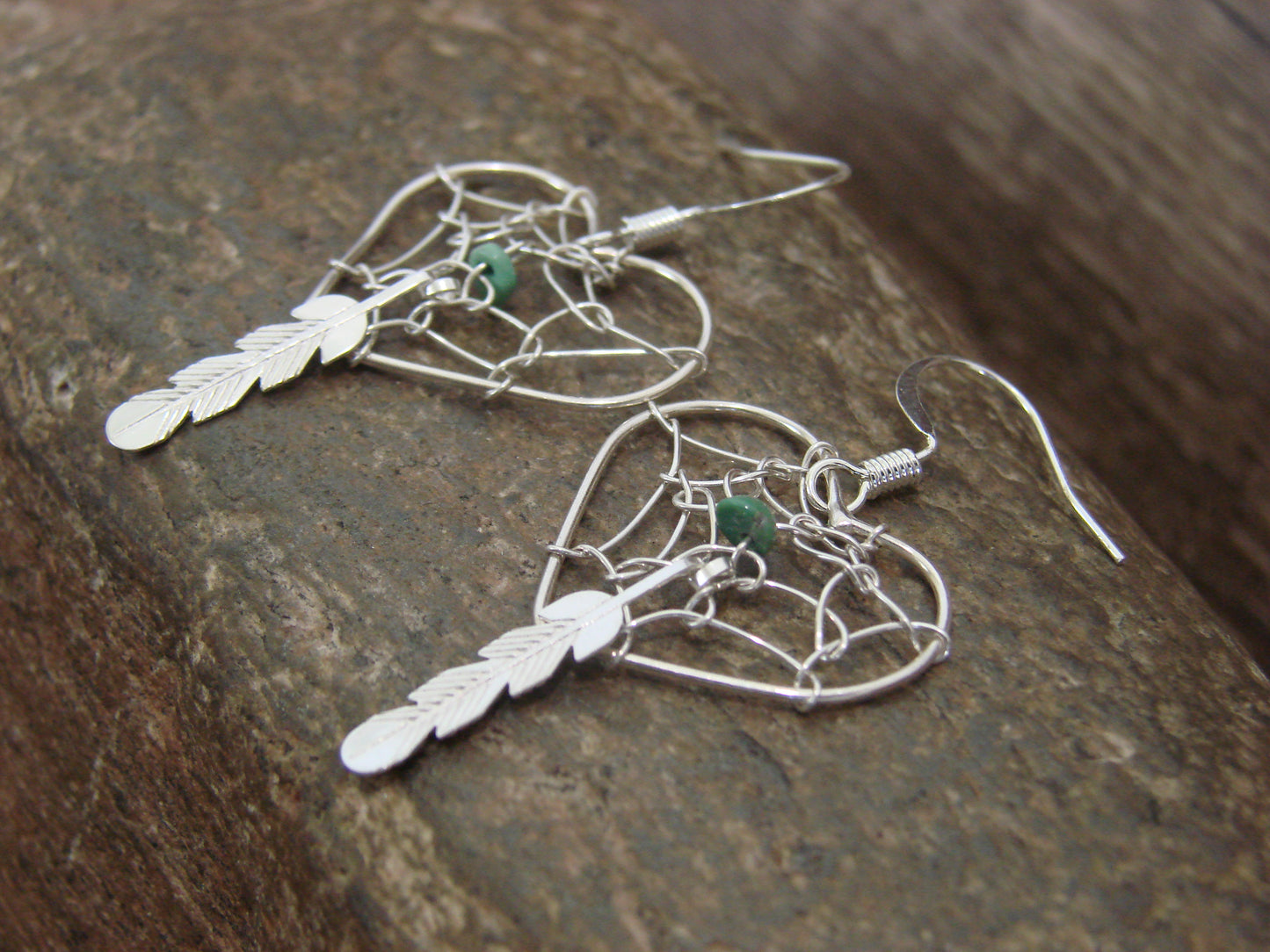 Native American Sterling Silver Heart Dream Catcher Dangle Earrings by Yazzie