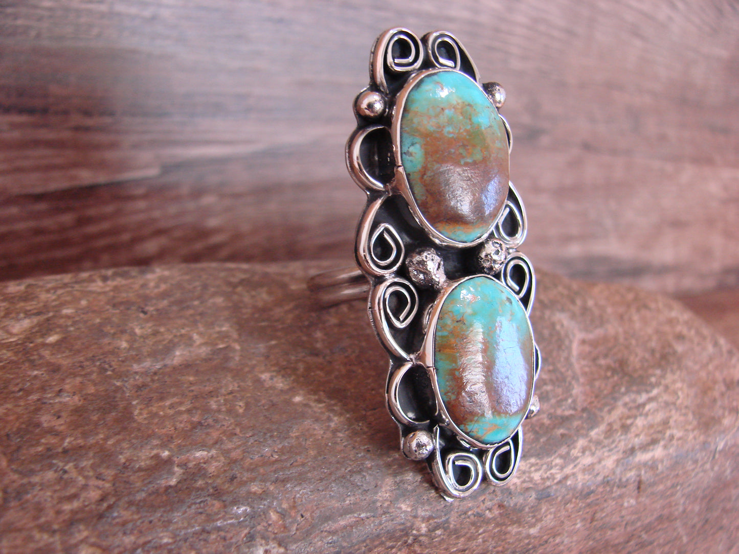 Native American Nickel Silver & Turquoise Adjustable Ring by Cleveland - Size 8 - 10