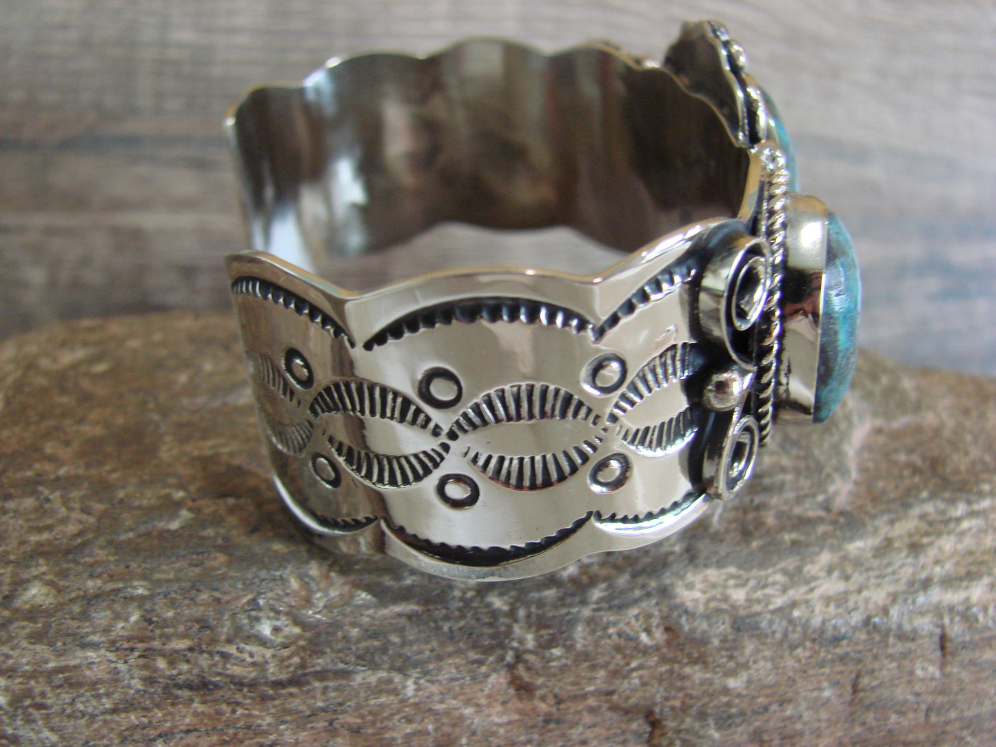 Native American Indian Nickel Silver & Turquoise Bracelet by Cleveland