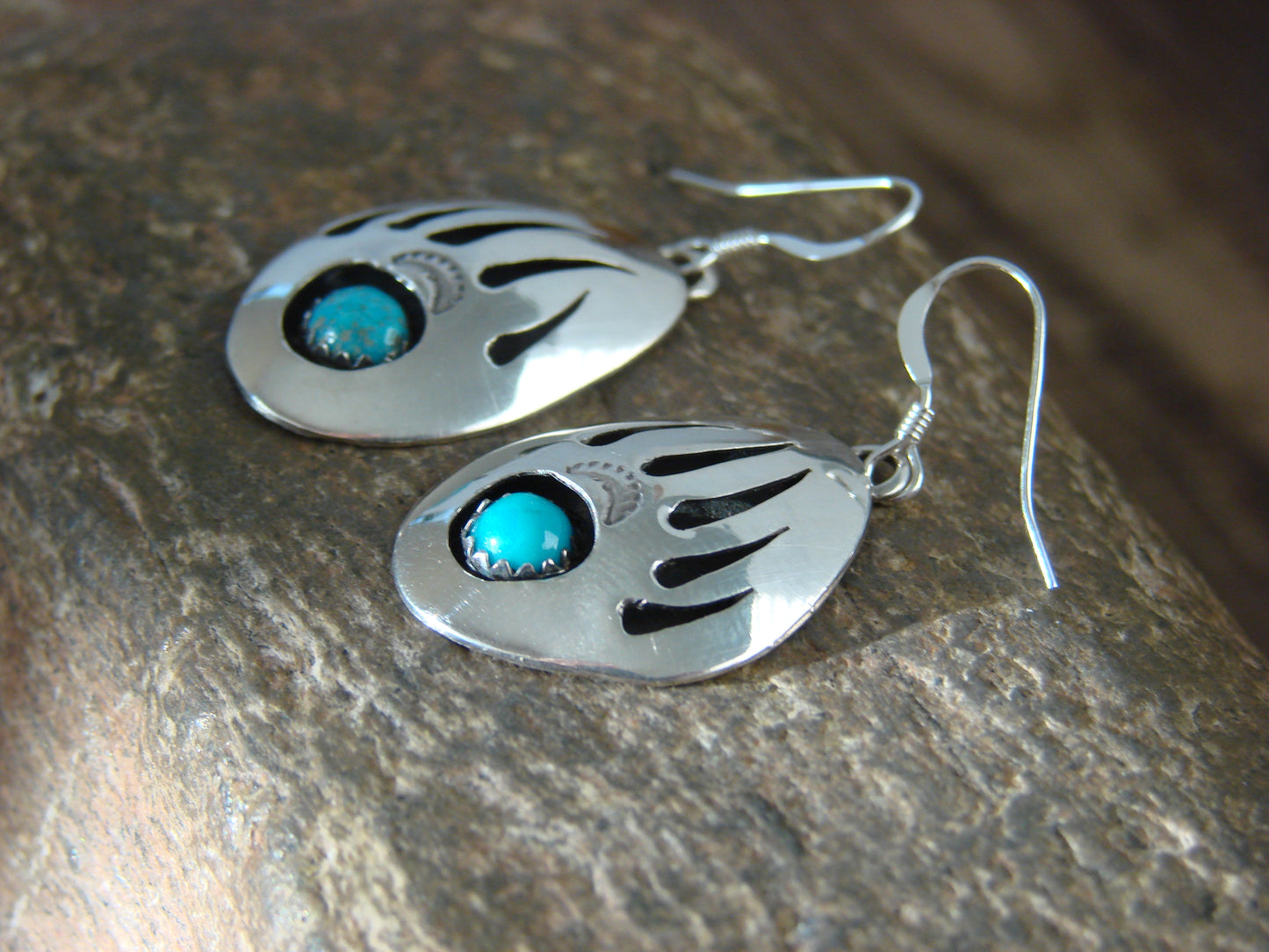Native American Sterling Silver & Turquoise Bear Paw Dangle Earrings - Begay