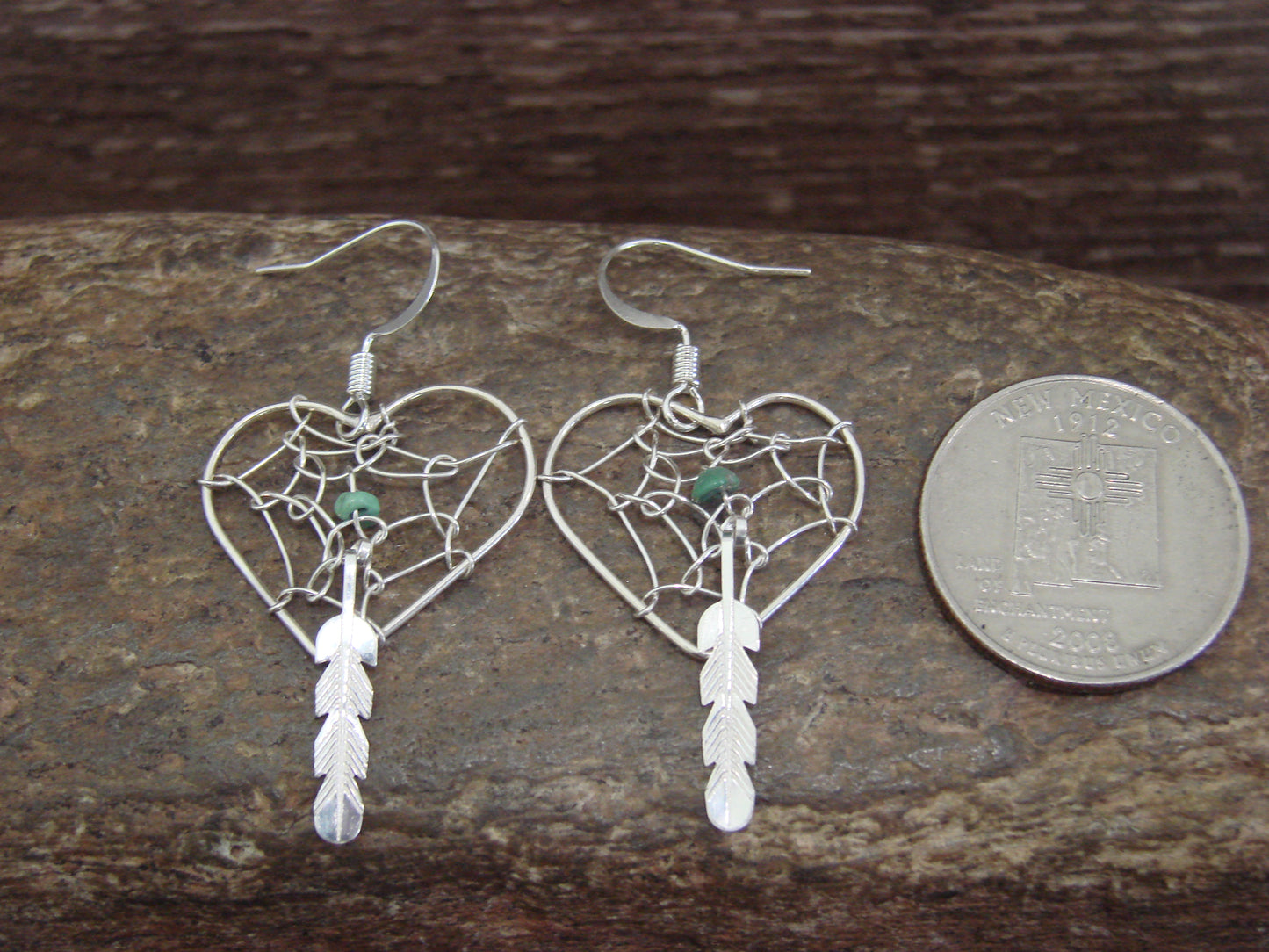 Native American Sterling Silver Heart Dream Catcher Dangle Earrings by Yazzie