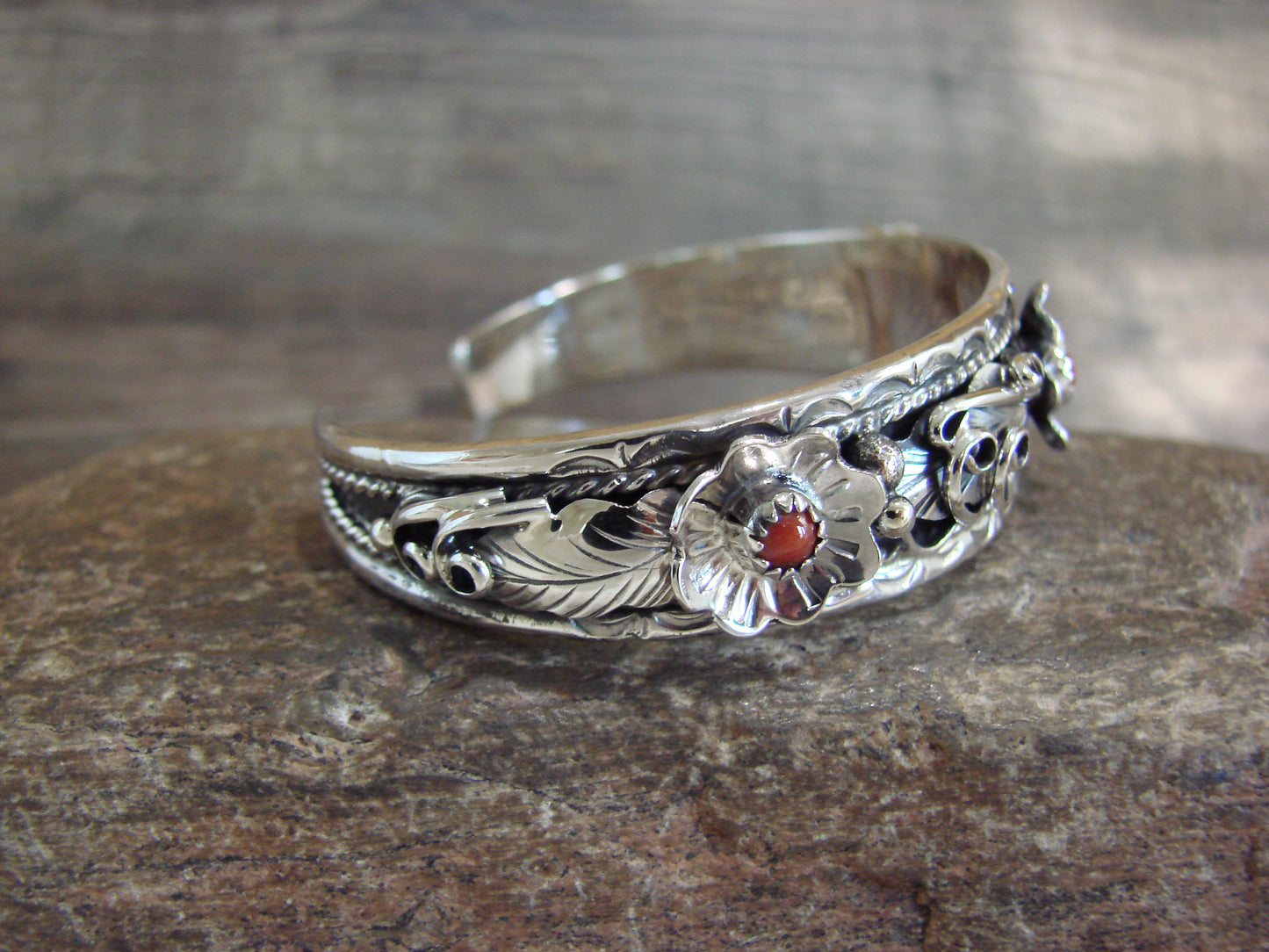Native American Sterling Silver Floral Coral Bracelet by Joe