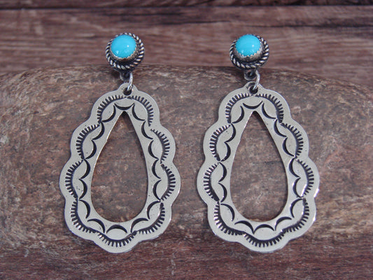 Native American  Nickel Silver & Turquoise Dangle Post Earrings - Cleveland