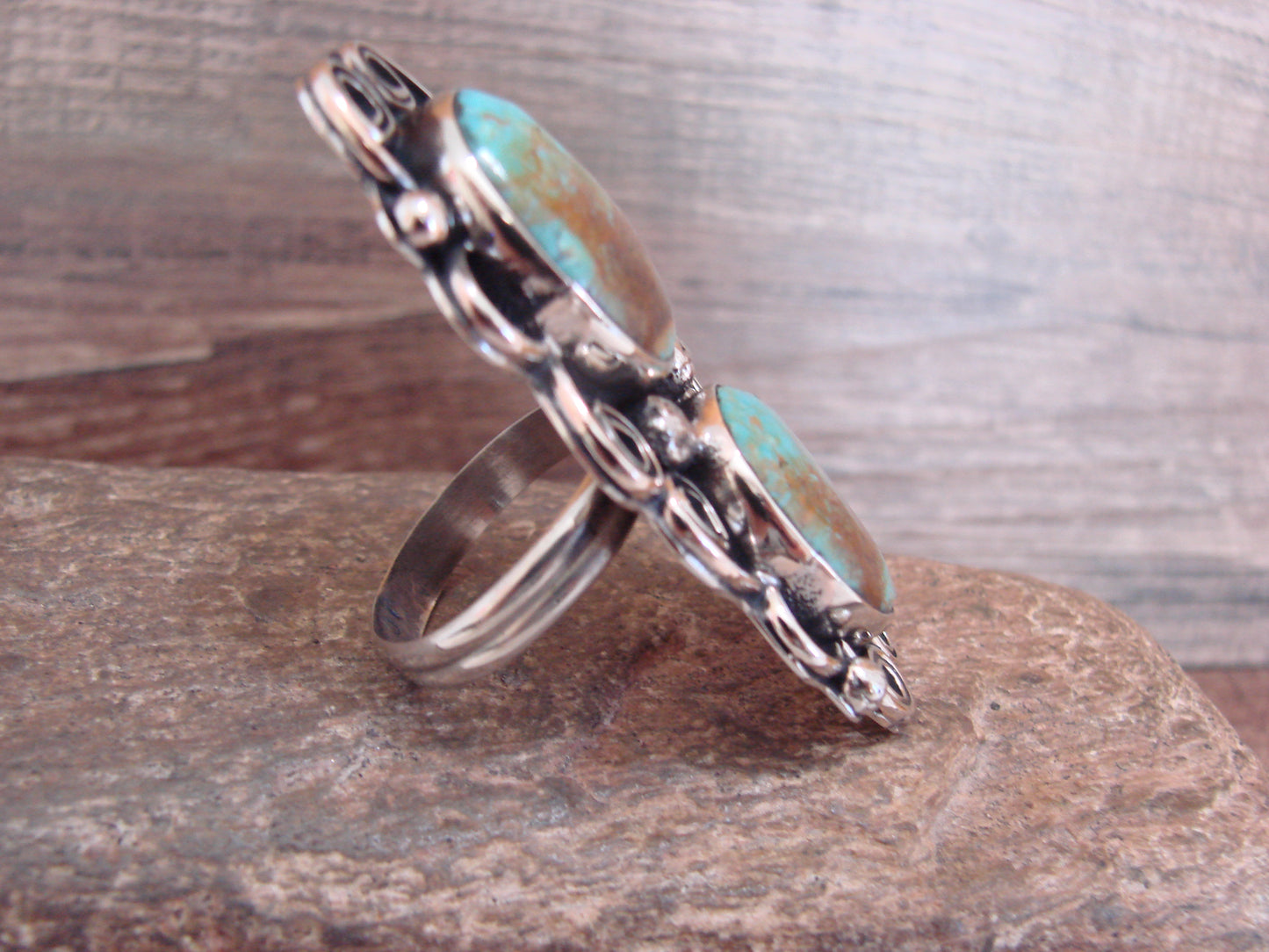 Native American Nickel Silver & Turquoise Adjustable Ring by Cleveland - Size 8 - 10