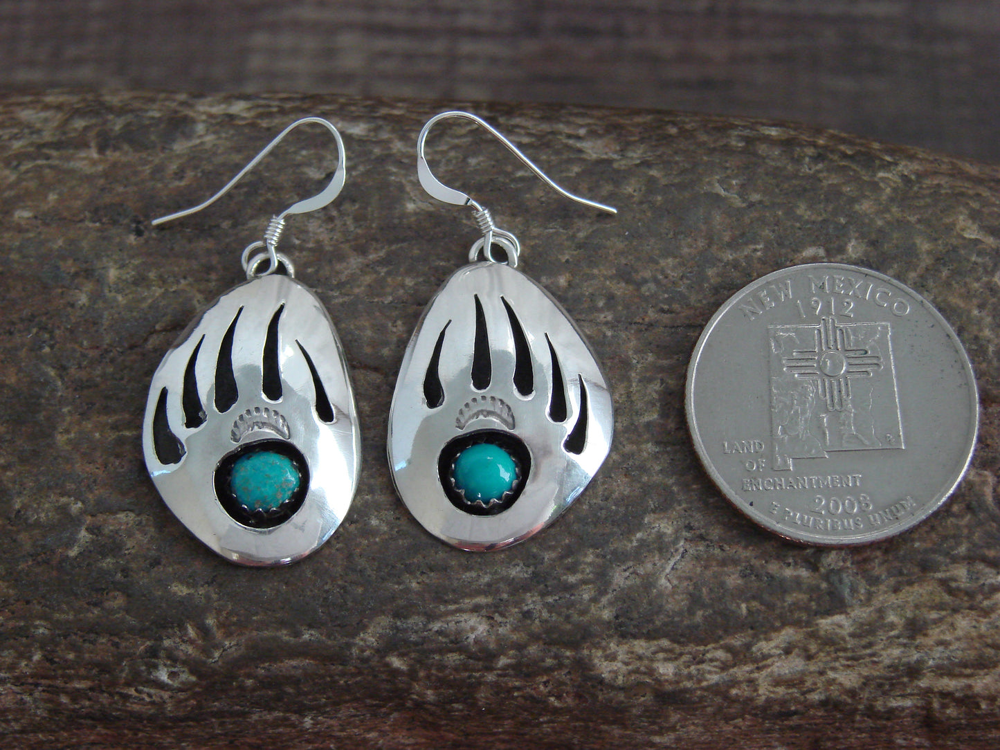 Native American Sterling Silver & Turquoise Bear Paw Dangle Earrings - Begay