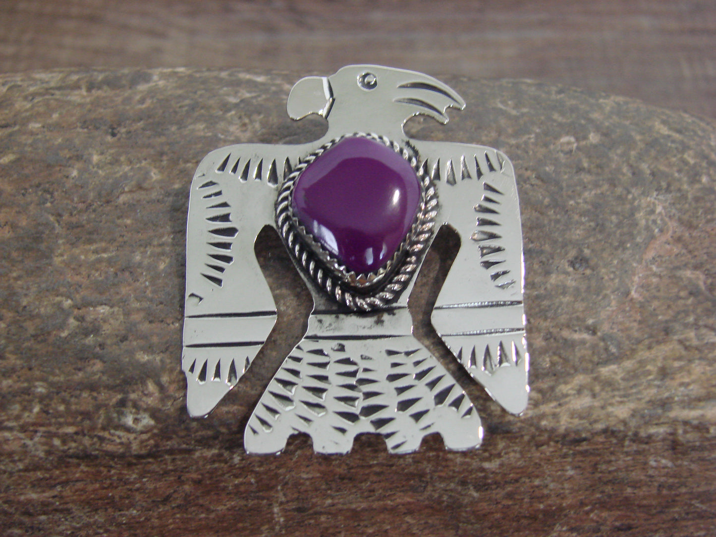 Native American Nickel Silver & Purple Spiny Oyster Parrot Pin - Cleveland