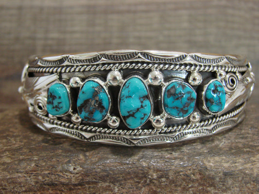 Native American Sterling Silver & Turquoise Row Cuff Bracelet by Morgan