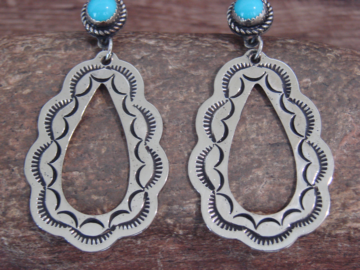 Native American  Nickel Silver & Turquoise Dangle Post Earrings - Cleveland