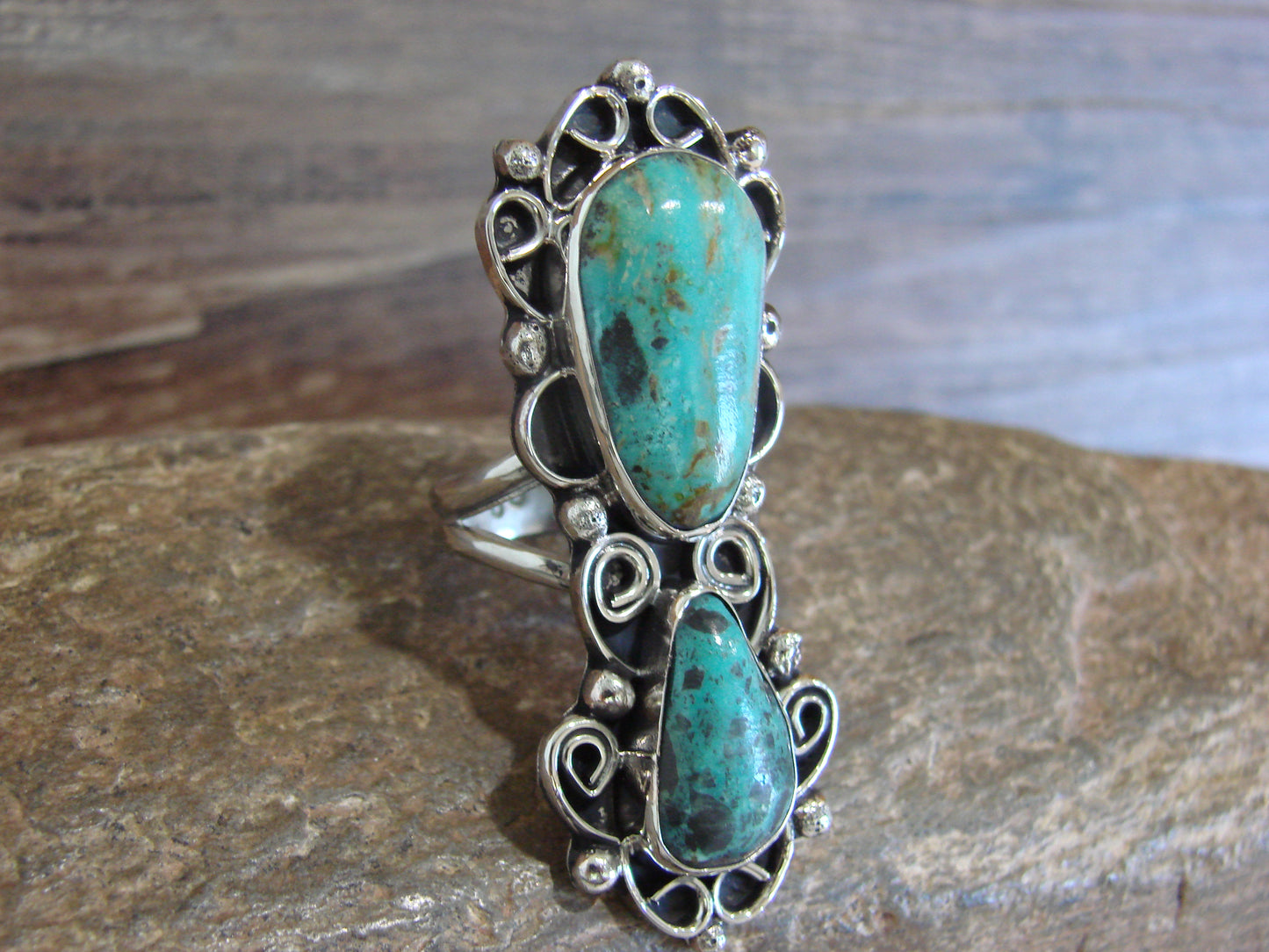Native American Nickel Silver & Turquoise Ring by Cleveland - Size 10