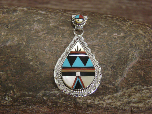 Native American Sterling Silver Turquoise Inlay Sunface Pendant - Signed Yuselew