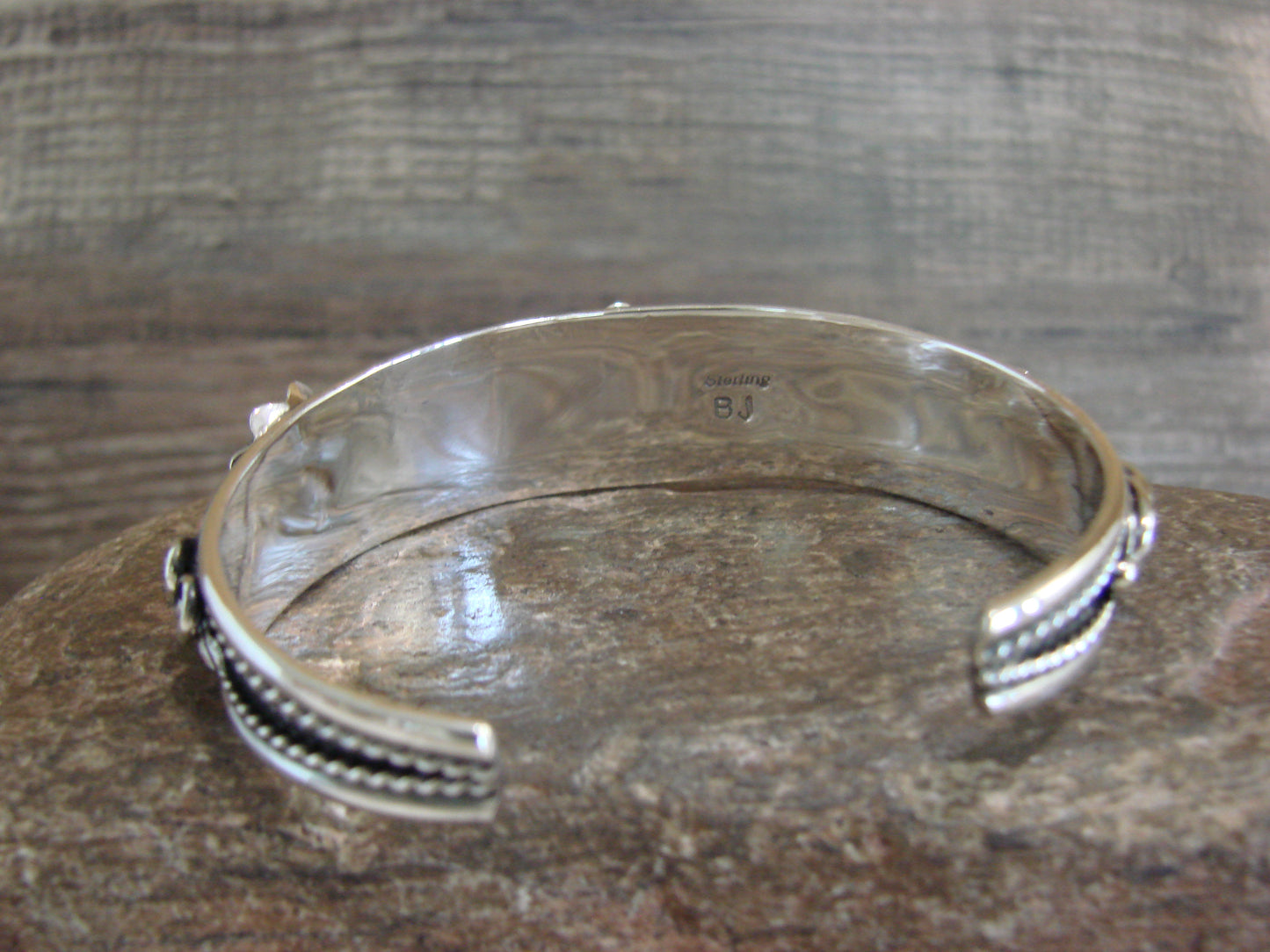 Native American Sterling Silver Floral Coral Bracelet by Joe