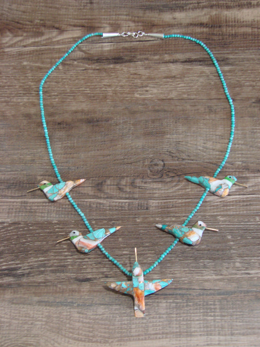 Hand Carved Bronze Turquoise Aggregate Hummingbird Fetish Necklace - Mitchell