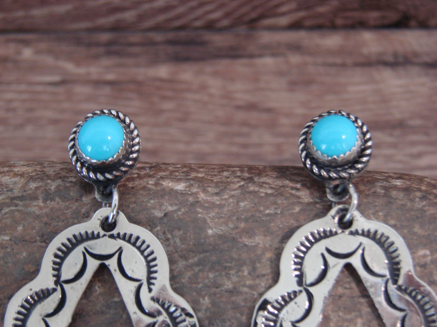 Native American  Nickel Silver & Turquoise Dangle Post Earrings - Cleveland