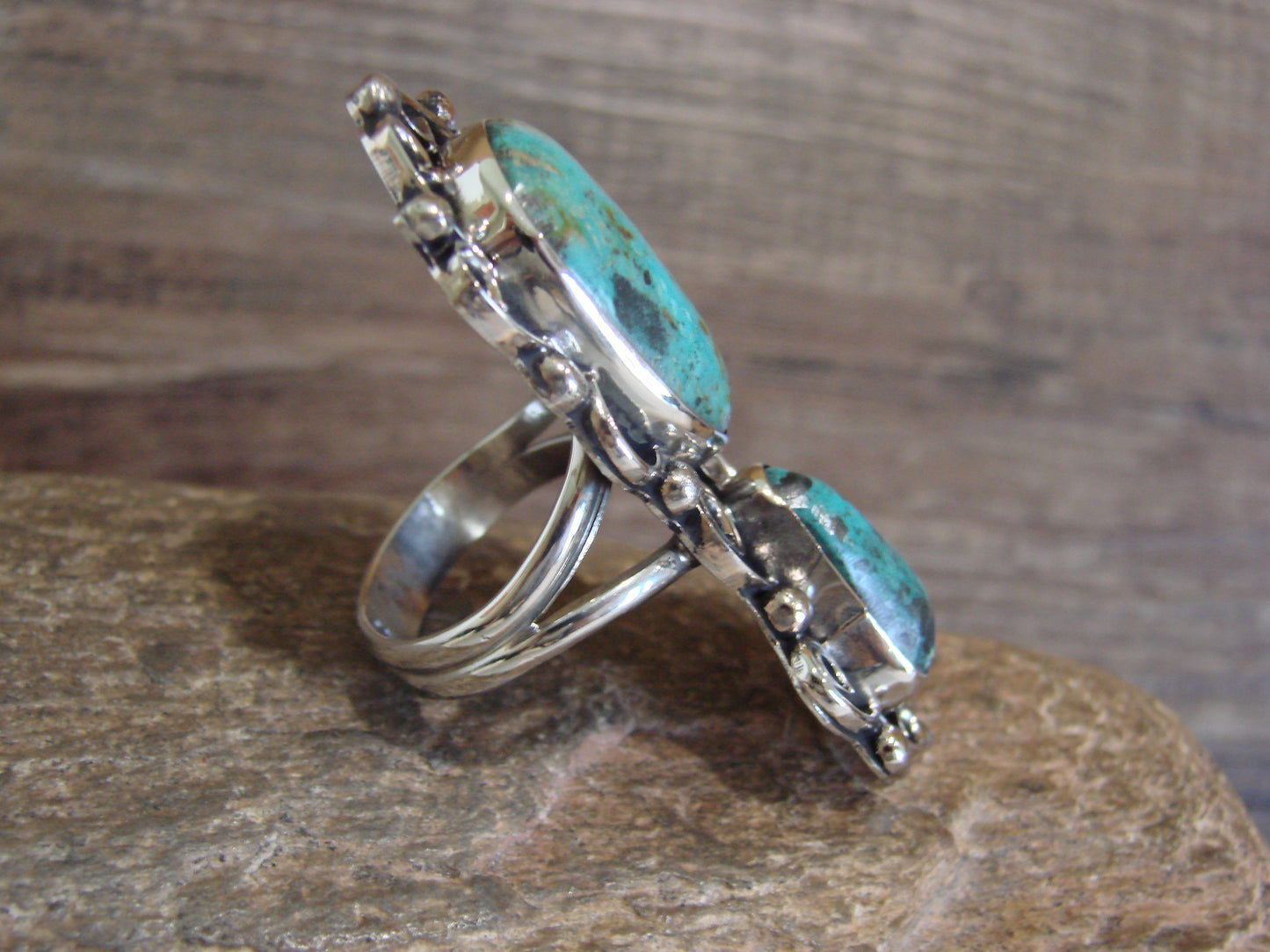 Native American Nickel Silver & Turquoise Ring by Cleveland - Size 10