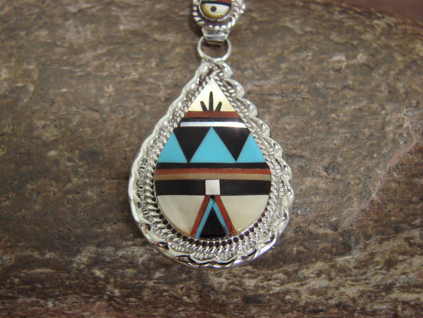 Native American Sterling Silver Turquoise Inlay Sunface Pendant - Signed Yuselew