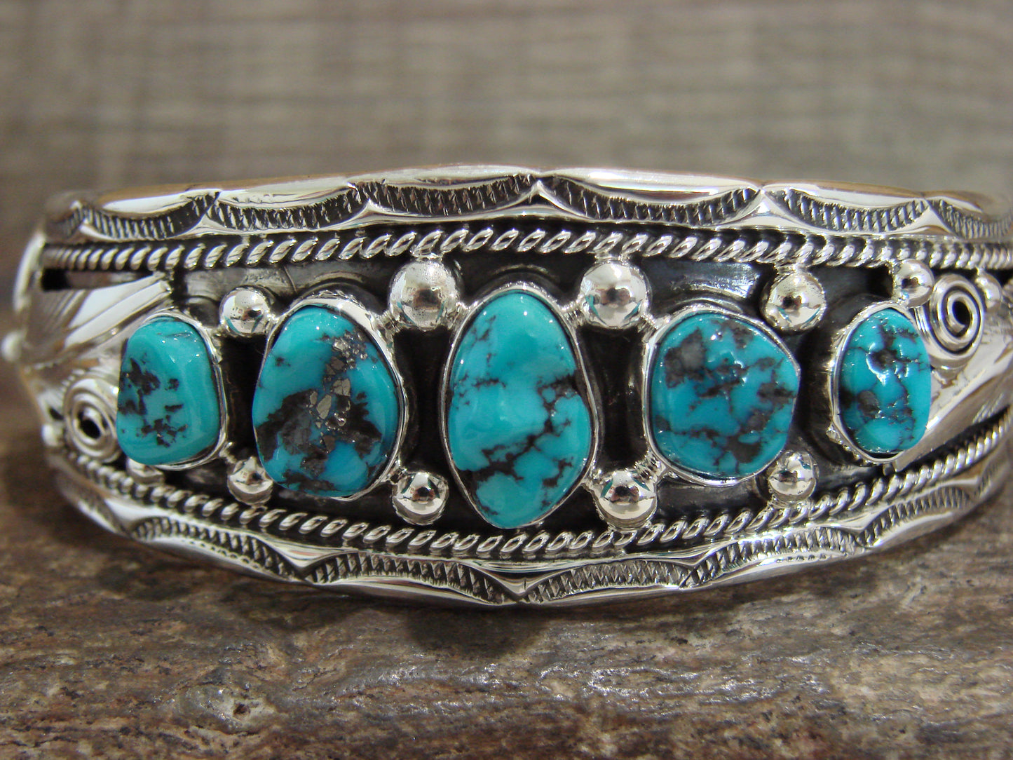 Native American Sterling Silver & Turquoise Row Cuff Bracelet by Morgan