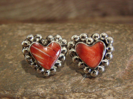 Native American Sterling Silver & Spiny Oyster Heart Post Earrings by Martinez